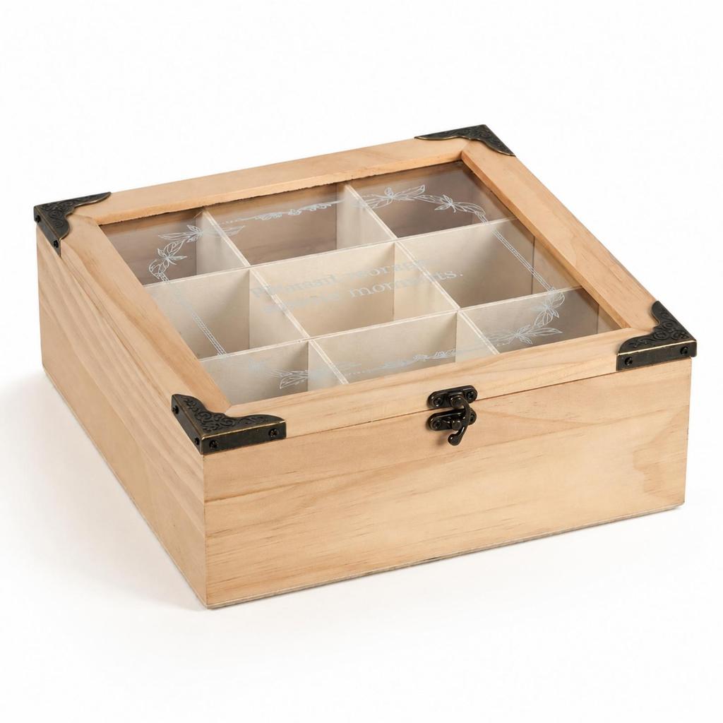 Tea Storage Box with Glass Lid Divided Interior for Kitchen