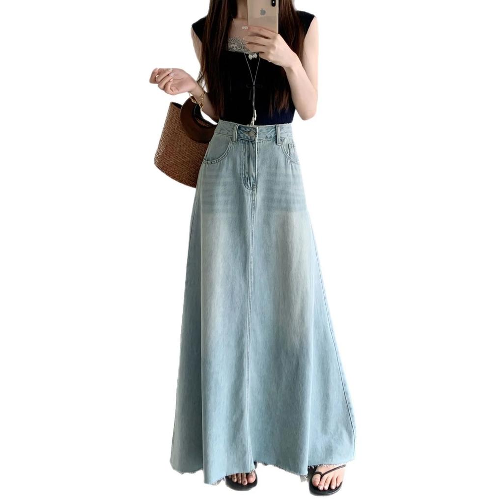 Retro Denim Mini Skirt Women's Spring Large Size Long A- Line Loose Slimming Bodycon Skirt