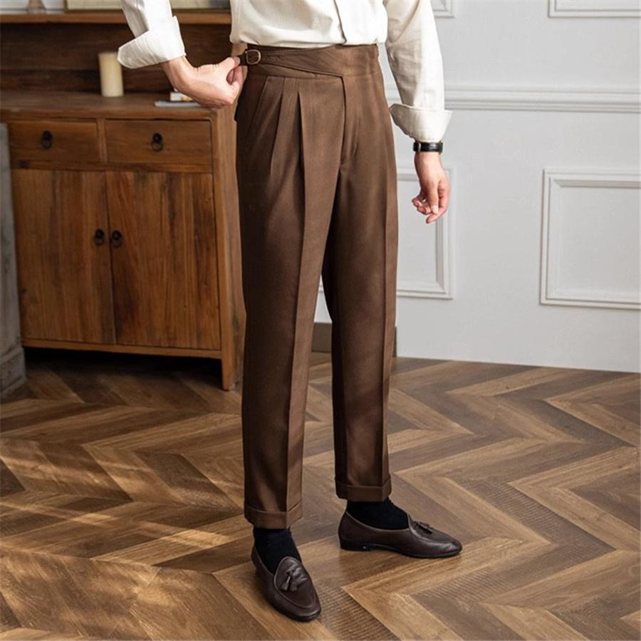 Men Suit Trousers Spring Autumn Trendy Belt High Waist Pants Male Business Office Pleated Straight Pants Streetwear