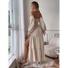 New Year's Eve One-word Collar Off-the-shoulder Ruffle Edge Long-sleeved High-split Dress