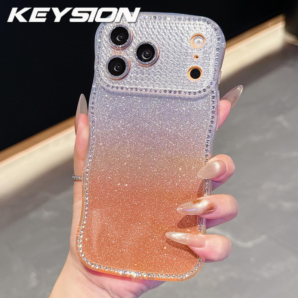 KEYSION Gradient Glitter Jewelled Phone Case for iPhone 16 17 Pro Max Air 16 Plus Wavy Border Lens Protector Shockproof Cover