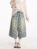 Women's 2025 Summer Hong Kong Style Retro Denim Chrysanthemum Cropped Jeans - Trendy & Loose Fit