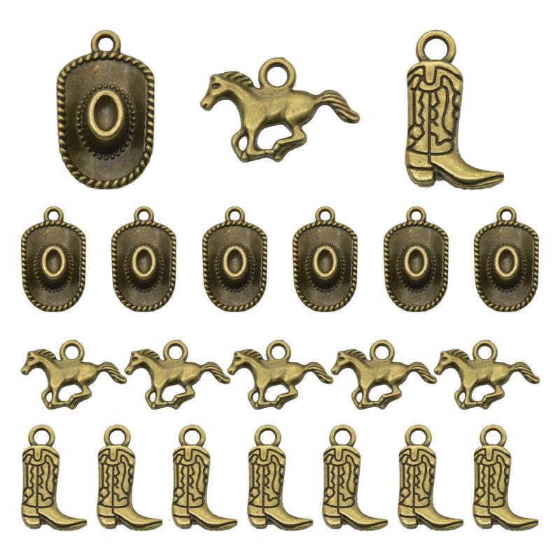 Seria westernów kowbojskich: Kapelusz i buty końskie, biżuteria ze stopu, wisiorki do naszyjników i bransoletek