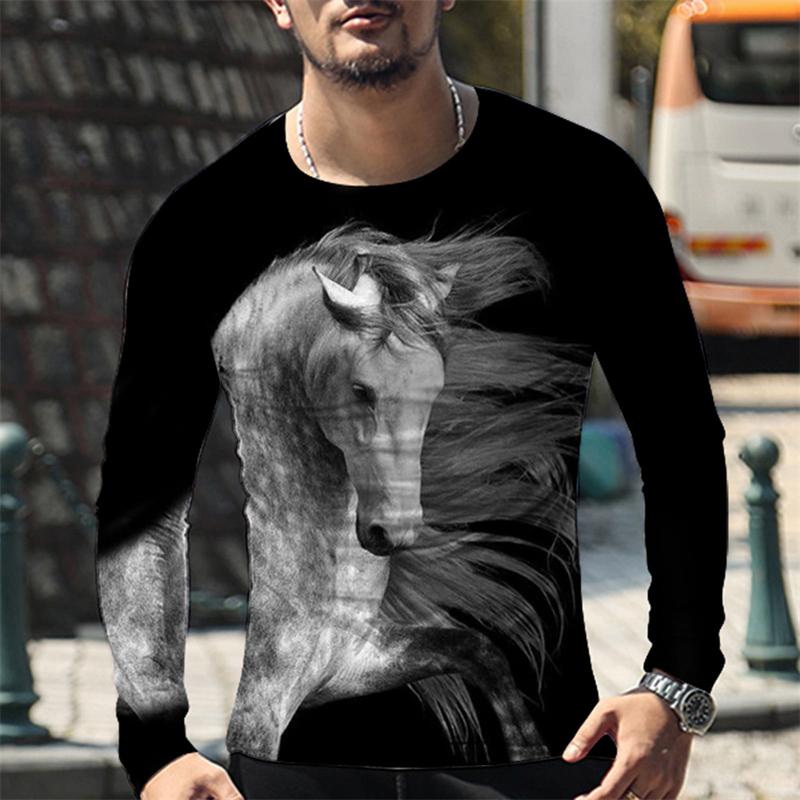 Rundhals 3D Pferde-Print T-Shirts Lässige Langarm Herren T-Shirts - Weicher Mittlerer Stretch Polyesterstoff Frühling und Herbst Relaxed Fit Kleidung