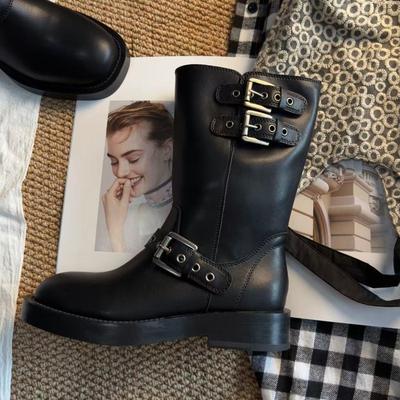 Rindslederversion gewaschenes Leder Zigarettenstiefel dünne Schnalle kurze Stiefel Damen erhöhte dicksohlige dünne Stiefel Herbst Ritterstiefel Damen