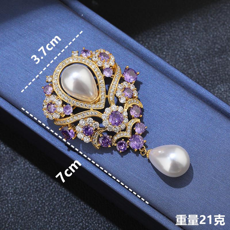 Lehký luxusní francouzský retro fialový brož ve tvaru kapky s perlou, lehký luxusní diamantový, elegantní, univerzální, doplňky ke kabátu