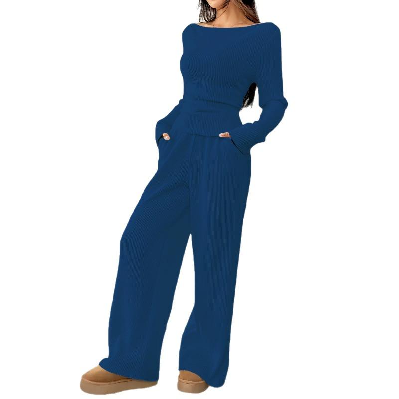 Women S French Style Slim Fit Long Sleeve Top And Wide Leg Pants Set