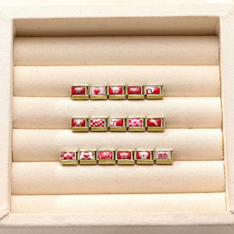 Romantic Red Strawberry Tai Chi Eyes Cat Star Golden Charm Links 9mm Bracelets Bangle Stainless Steel Girls' DIY Making Gifts