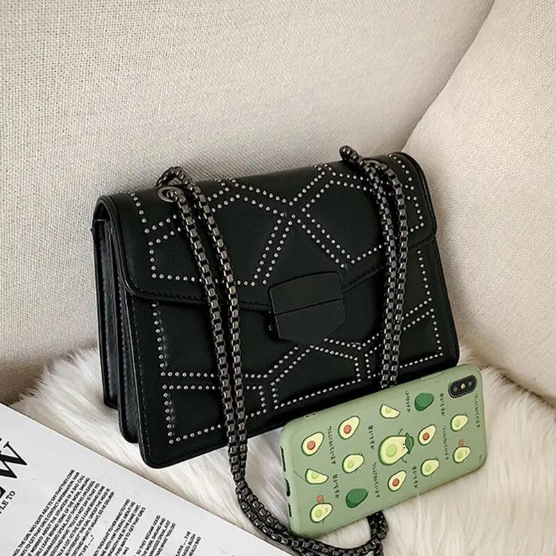 Vintage Rivet Chain Small Shoulder Bags For Women Flap PU Leather Fashion Small Square Crossbody Bag Designer Handbag