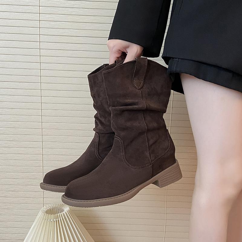 New Style Suede Western Stacked Boots Women Chunky Heeled Mid-calf Boots Women Spring Autumn Shoes Solid Retro Boots