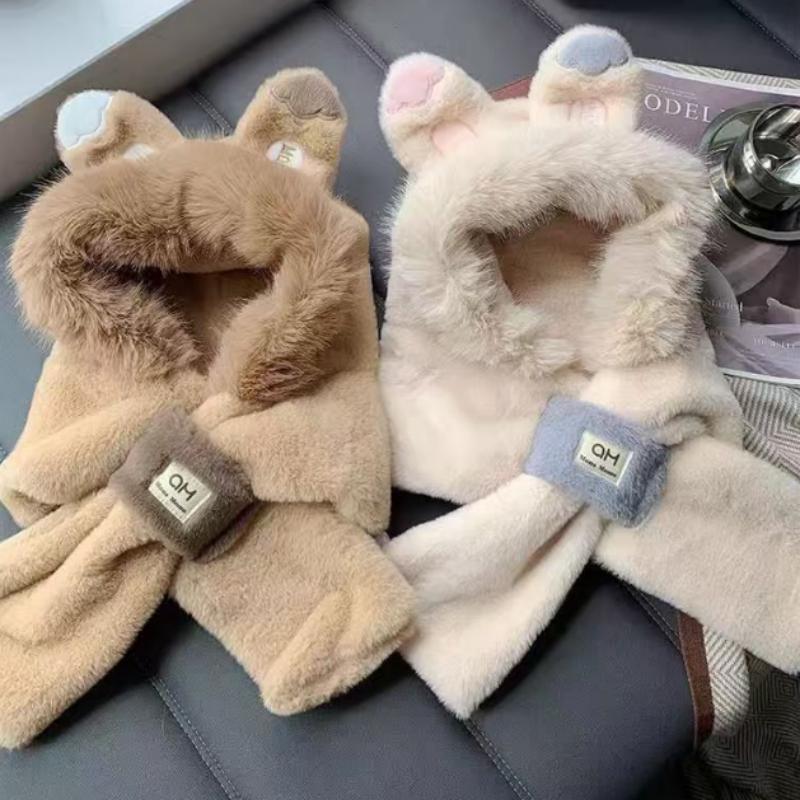 Thickened Hat Scarf with Cute Ears Plush Winter Hats for Women Beanies Pompom Knit Bonnet Fluffy Winter Cap Bomber Hats Women Outdoor Winter Warm Hat