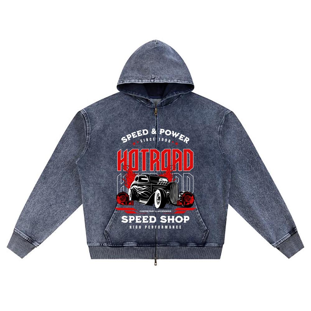 DTG Print Knitted Denim Zip-Up Hoodie Hotroad Speed Shop Brother Print Zipper Hoodies  