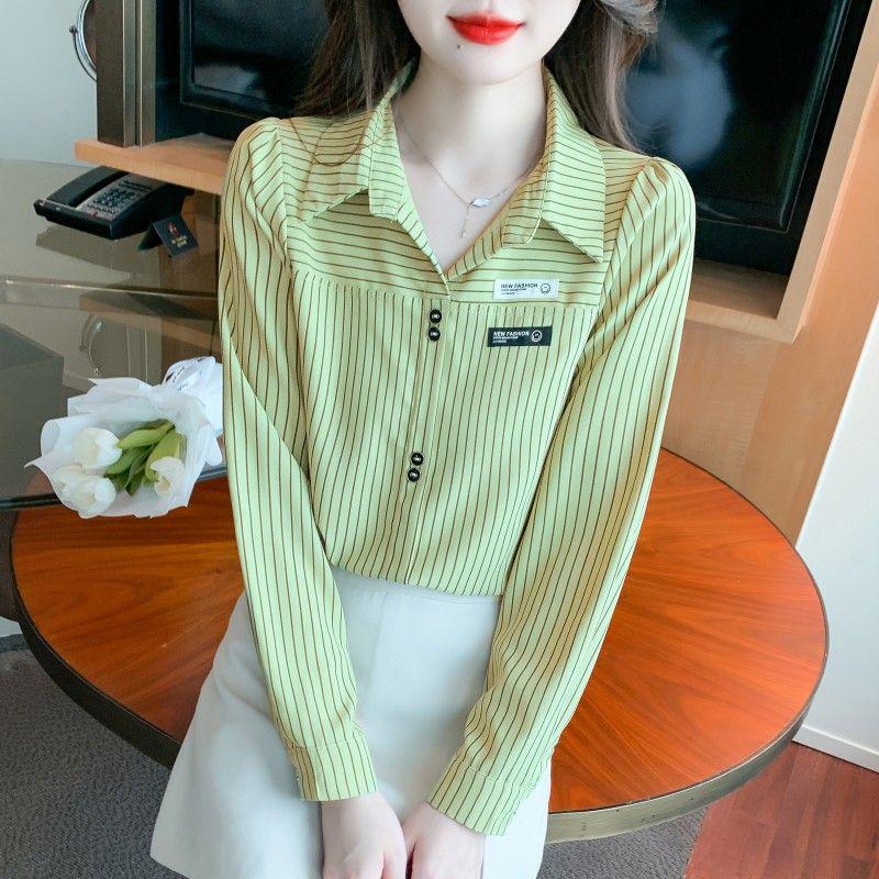 

Женская полосатая шифоновая рубашка с длинным рукавом - Весна и Осень 2024, Стильный нишевый пуловер S зелёный