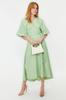 Women's Fashion Linen Look Woven Shirt Dress with Stone Belt and Half Balloon Sleeves