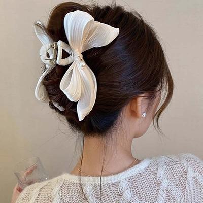 Elegante weiße Schleifen-Haarspangen für Frauen Koreanisch Schlichte Große Größe Perle Netz Hai Haarspange Haarspange Haarschmuck