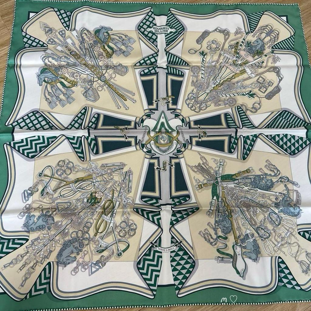 Used HERMES Carre 70 "Bouquet of the Saddler" Silk Scarf 25SS