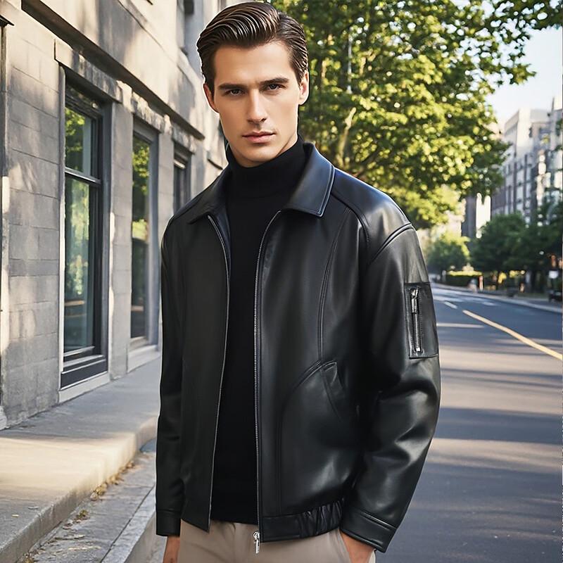 Futian Men's Sheepskin Goose Down Lapel Leather Jacket