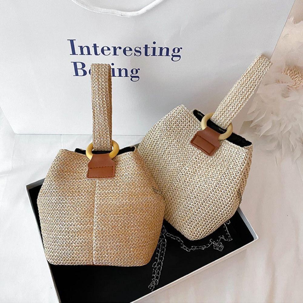 Korean Style Woven Handbag Solid Color Small Phone Bag Fashion Straw Bucket Bag  Vacation