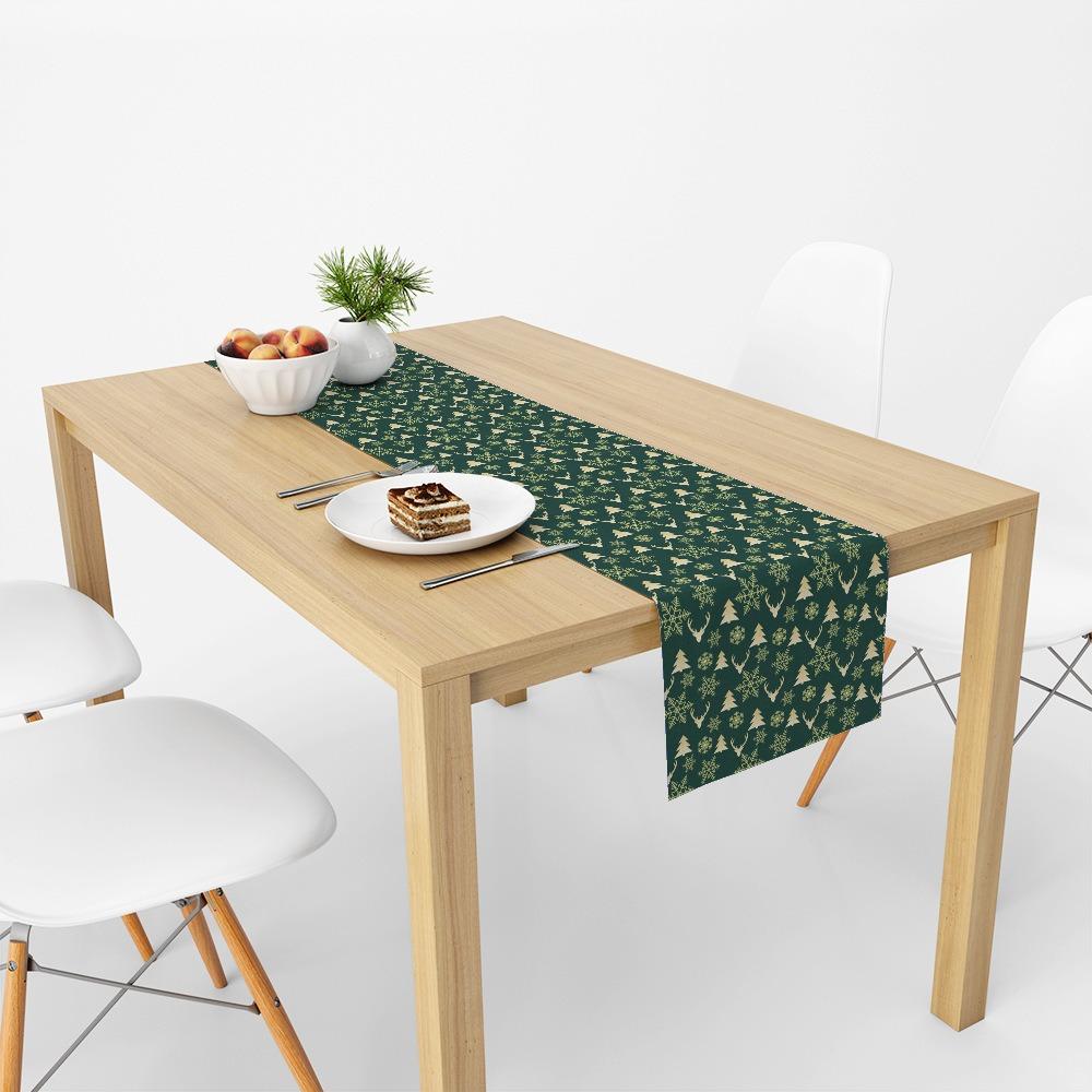Festive Reindeer Pine Printed Table Runner Heatproof Linen Fabric Tablecloth for Home Decoration