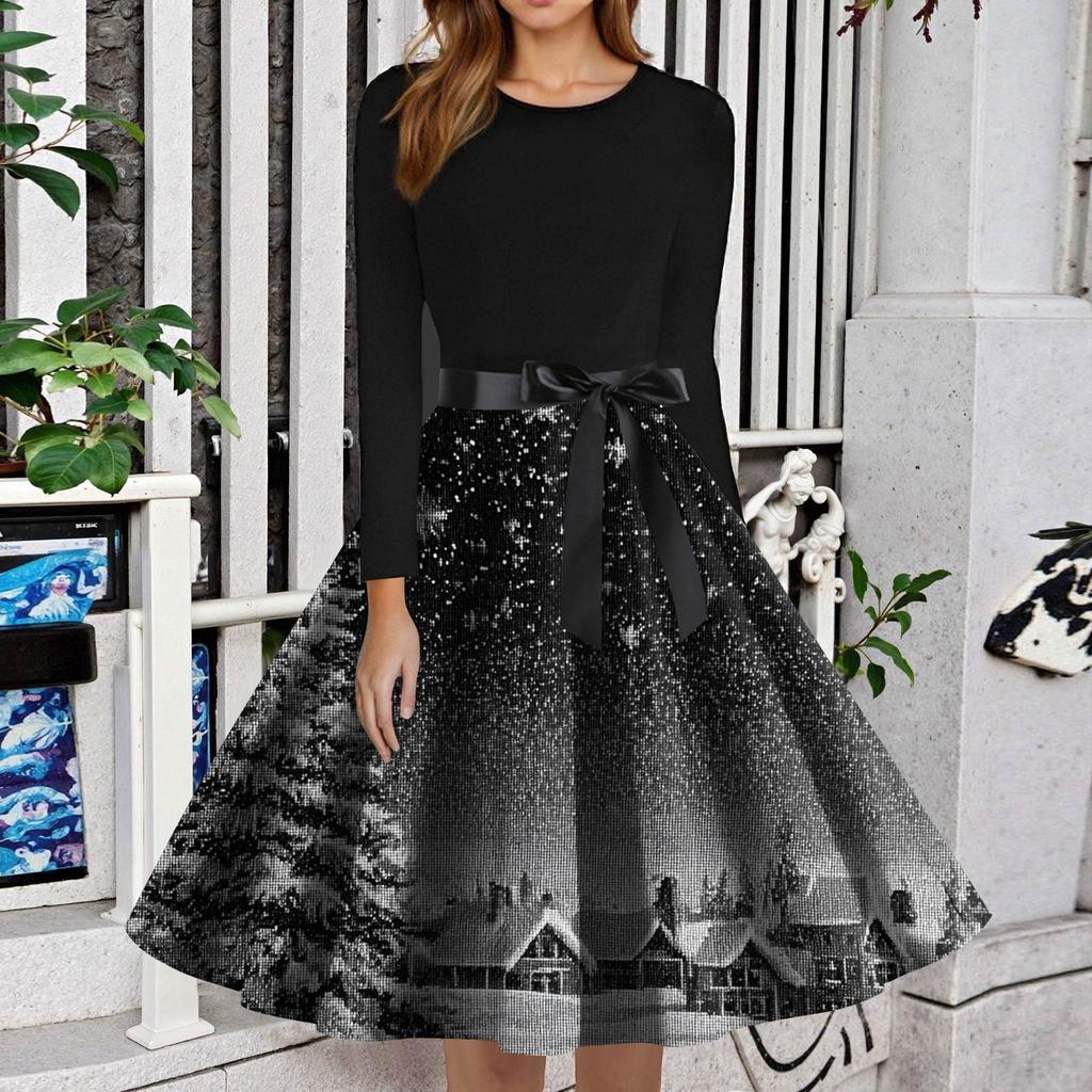 Dame Mote Rund Hals Slim-Fit Juleprint Langermet Kjole