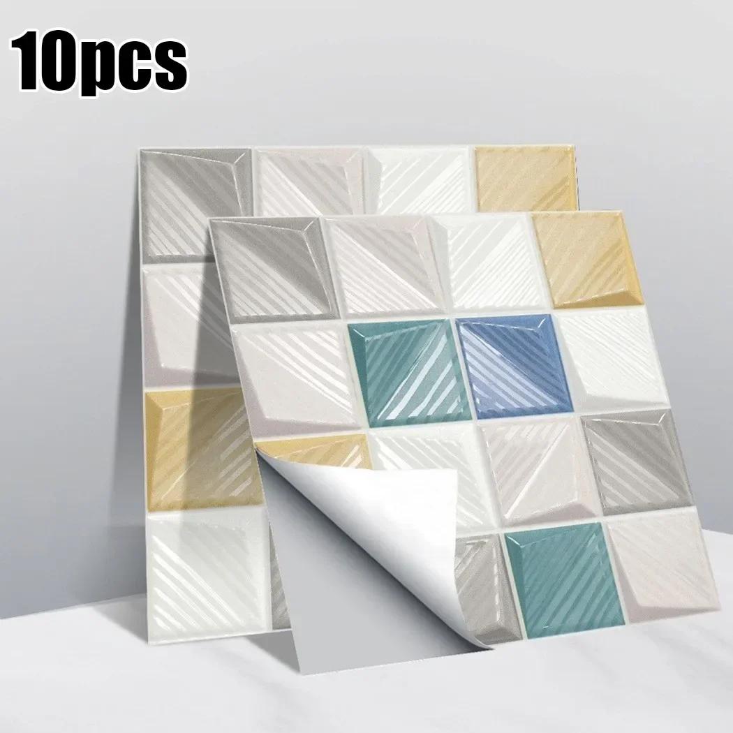 

10pcs 3D Mosaic Tile Stickers DIY Waterproof Self-Adhesives Wall Stickers Kitchen Bathroom Bedroom Home Decor Wall Decals
