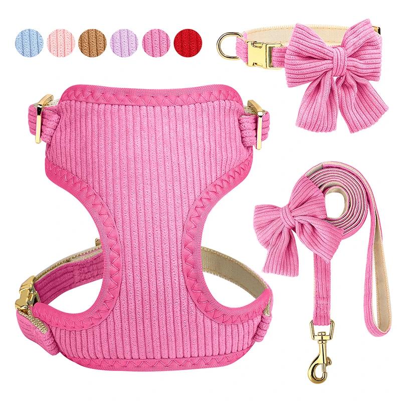 Cute Bowknot Dog Harness Leash Set Adjustable Breathable Fashion Printed Pet Vest for Small Medium Dogs Cats Outdoor Walking
