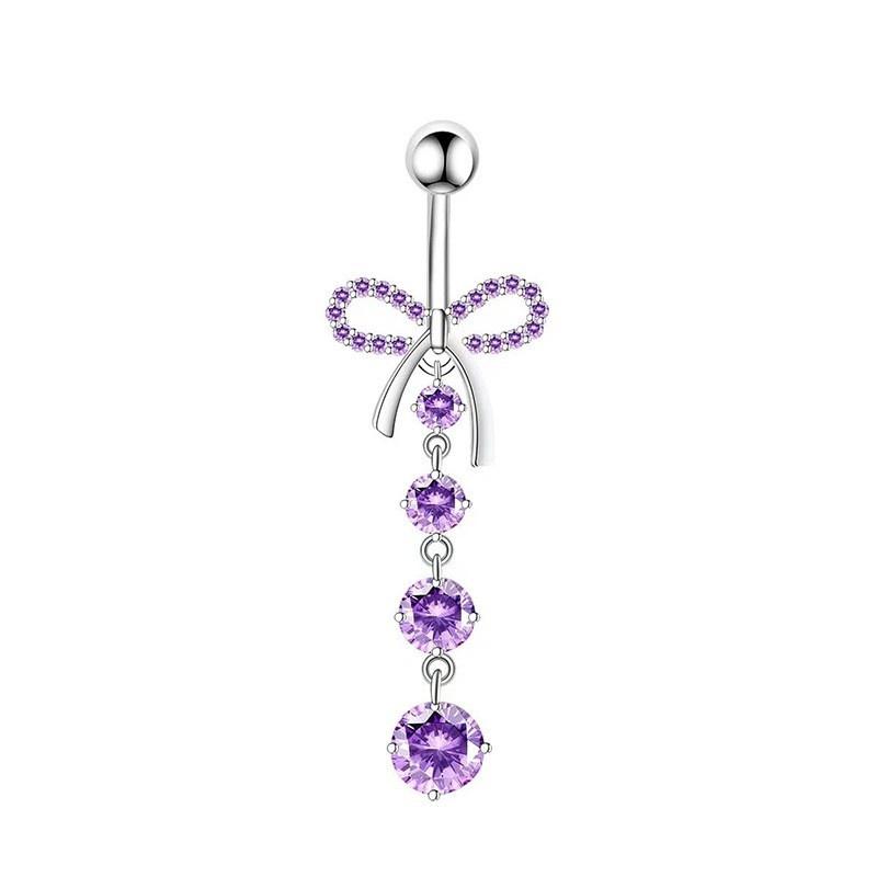 1Pcs Purple Zircon Dangle Belly Button Rings Stainless Steel Heart Butterfly Navel Piercing Long Drop Pendant Belly Ring Jewelry