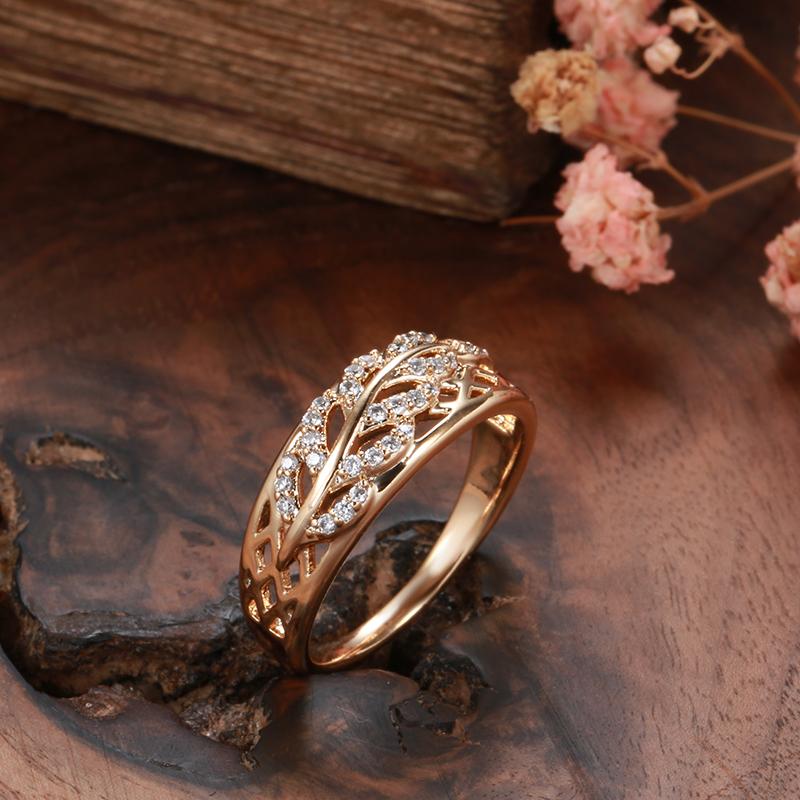 New Fashion Natural Zircon Leaf Ring For Women Rose Gold Geometric Hollow Line Wave Ring Vintage Wedding Fine Jewe