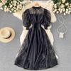 Vintage Frauen Spitzenkleid Frühling Herbst Puffärmel Hohe Taille Party Robe Weiblich Elegant Grün Lila Midi Kleider