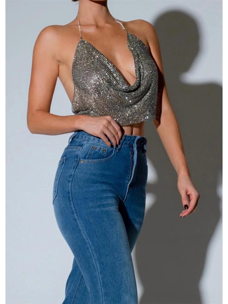 European & American Fashion Rhinestone Chain Strap Deep V Backless Crop Top