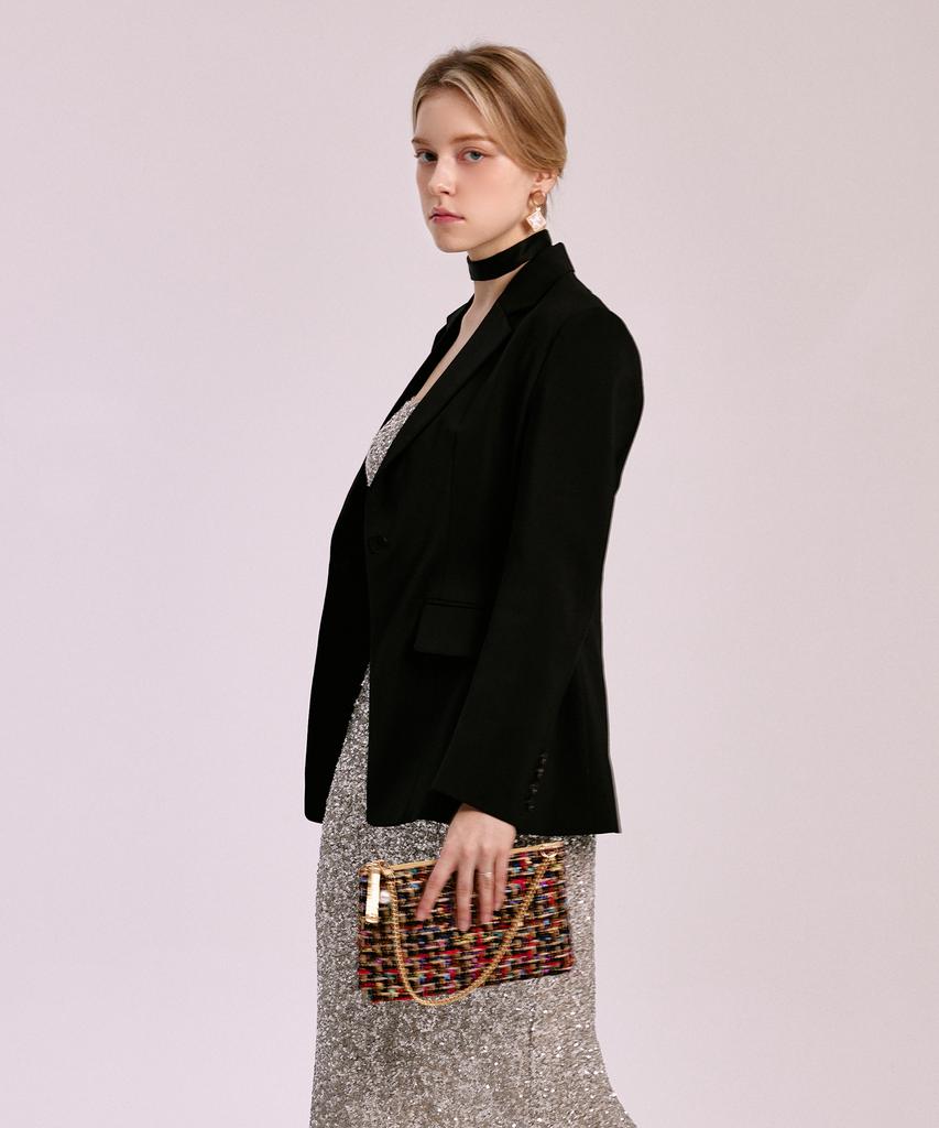 Jina In Ny 4-Way Top Zip Clutch Tweed Combo [Black Tweed]