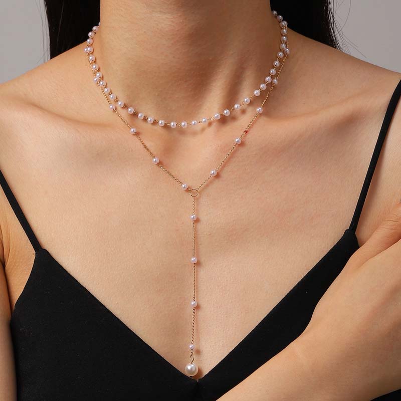 Fashion Metal Double Layer Cross Pendant Necklace For Women Elegant Imitation Pearl Y-Shaped Long Tassel Necklace Zircon