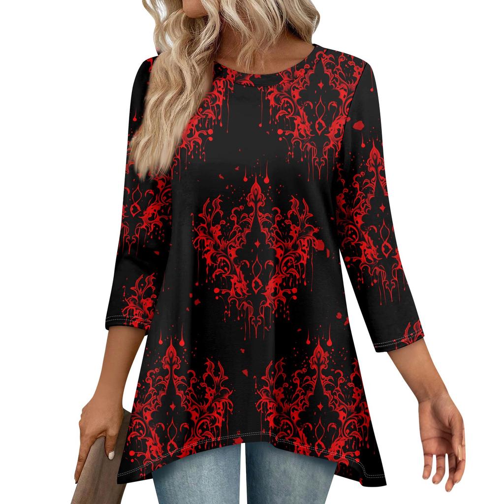 Tunic Tops For Women Loose Fit Prints Tops 3/4 Length Sleeve Womens Tops With Asymmetrical Hem