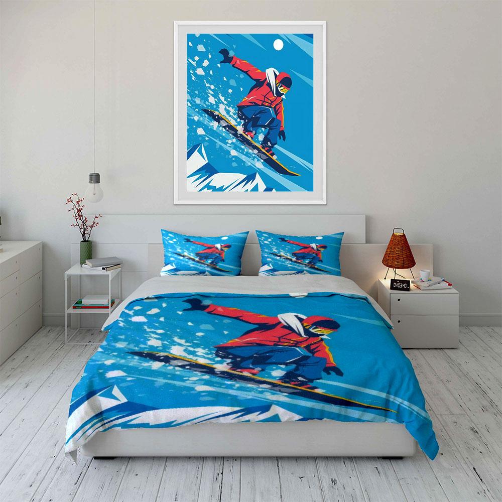 Snowboarding Adventure Poster Set Bedding Set With 1 Duvet Cover 2 Pillowcases Single Double King Queen, Gift