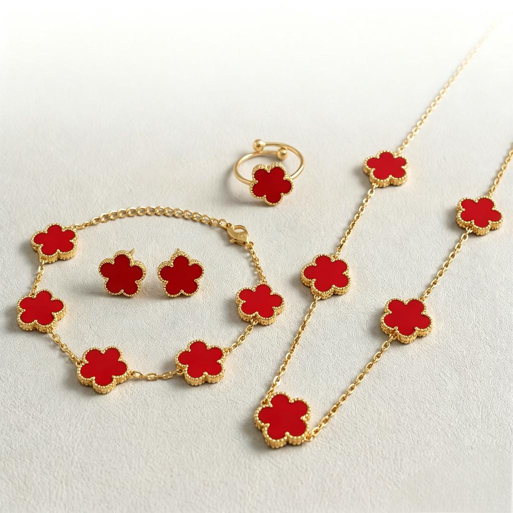 18K Gold Plated Stainless Steel 5 Leaf Clover Necklace Bracelet Earrings Ring 4pcs Jewelry Set for Women Lucky Gift