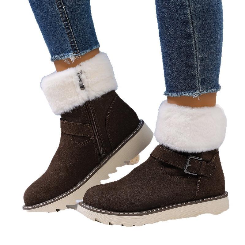 Snow boots women's winter wish cotton shoes new belt buckle warm large size velvet side zipper