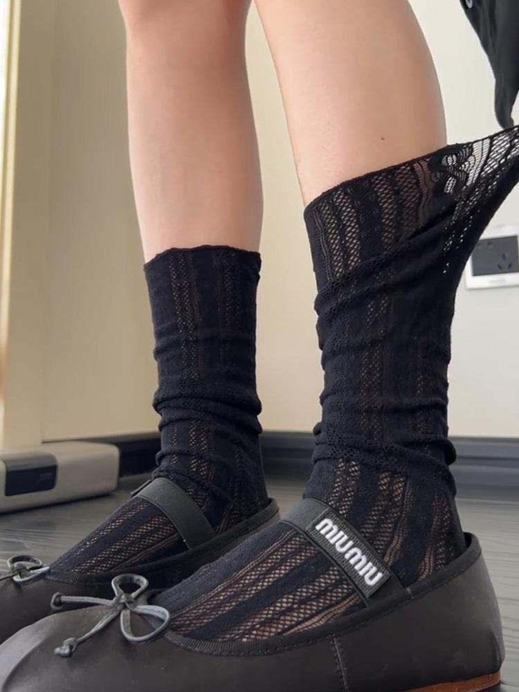 Women's Summer Fishnet Lolita Stockings & Mary Jane Ballet-Style Openwork Cable Knit Socks