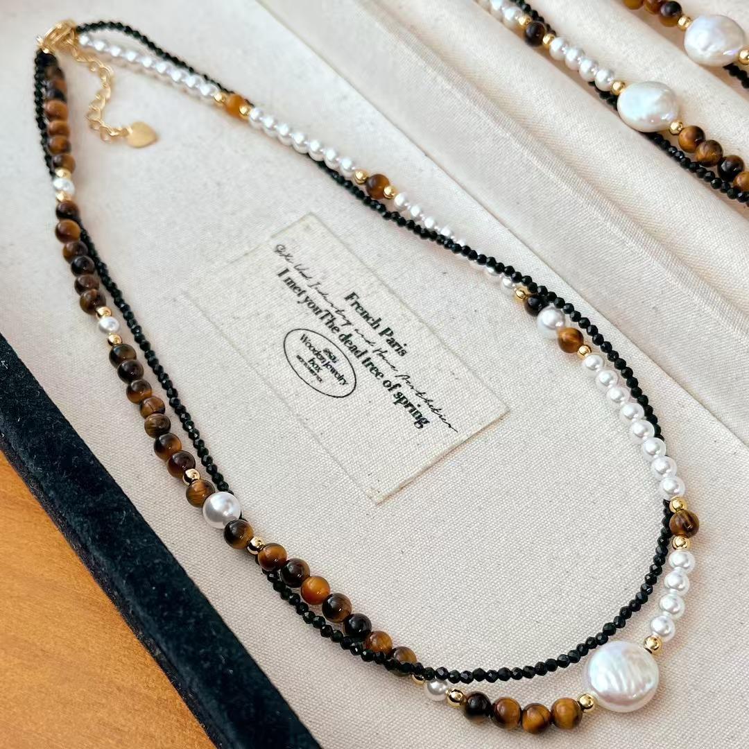 

Vintage Maillard Natural Tiger S Eye Baroque Pearl Faux Crystal Pearl Necklace Sweater Chain