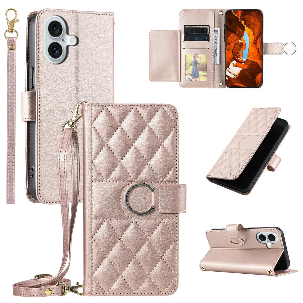 For iPhone 16 Plus Crossbody Leather Case Ring Buckle Wallet Stand Rhombus Mobile Cover