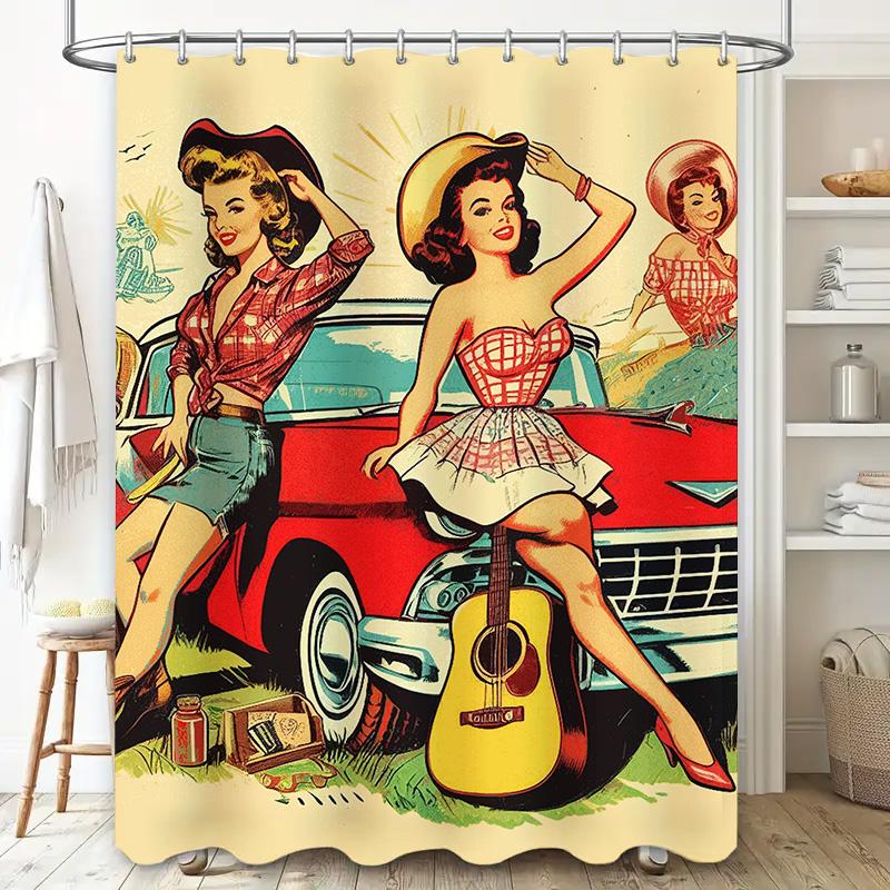 Retro Classic Vintage Style Red Car Girl Cartoon Shower Curtain For Bathroom Decor Home Decoration Supplies Accessories 3D Print