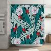 Modern Floral Bathtub Shower Curtain Fabric Decor for Home Bathroom In Red White with Leaves Design Green Background 180 X 245cm
