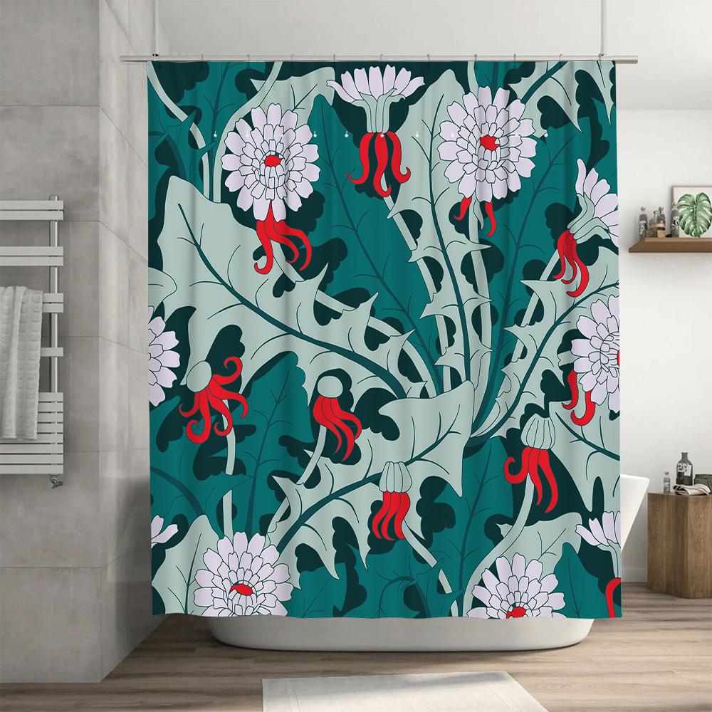 Modern Floral Bathtub Shower Curtain Fabric Decor for Home Bathroom In Red White with Leaves Design Green Background 180 X 245cm