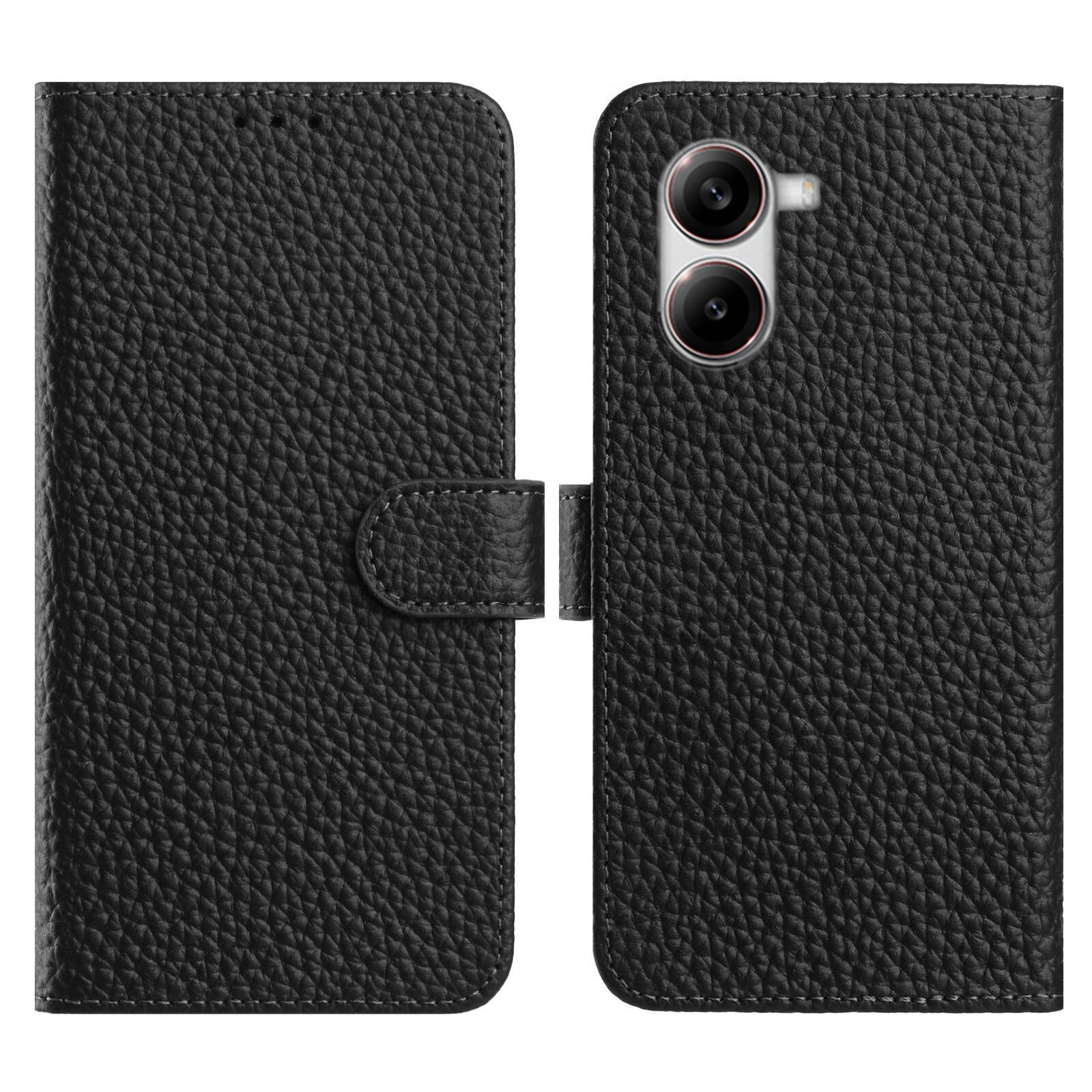 

For Xiaomi Poco X7 Pro 5G Case Wallet Stand Litchi Texture Genuine Cow Leather Flip Phone Cover Black