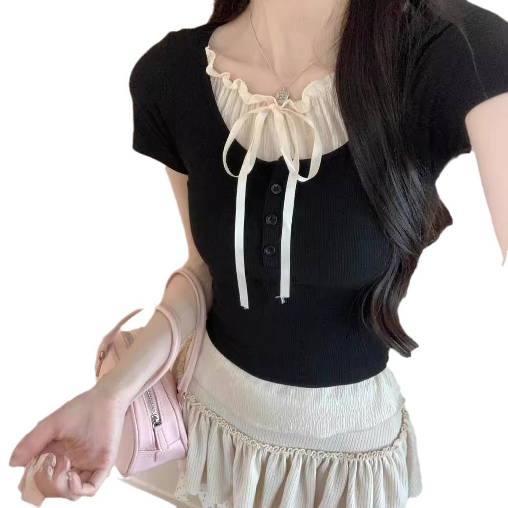 Threaded lace fake two-piece short-sleeved T-shirt women's summer new Korean version slim-fit design T-shirt top