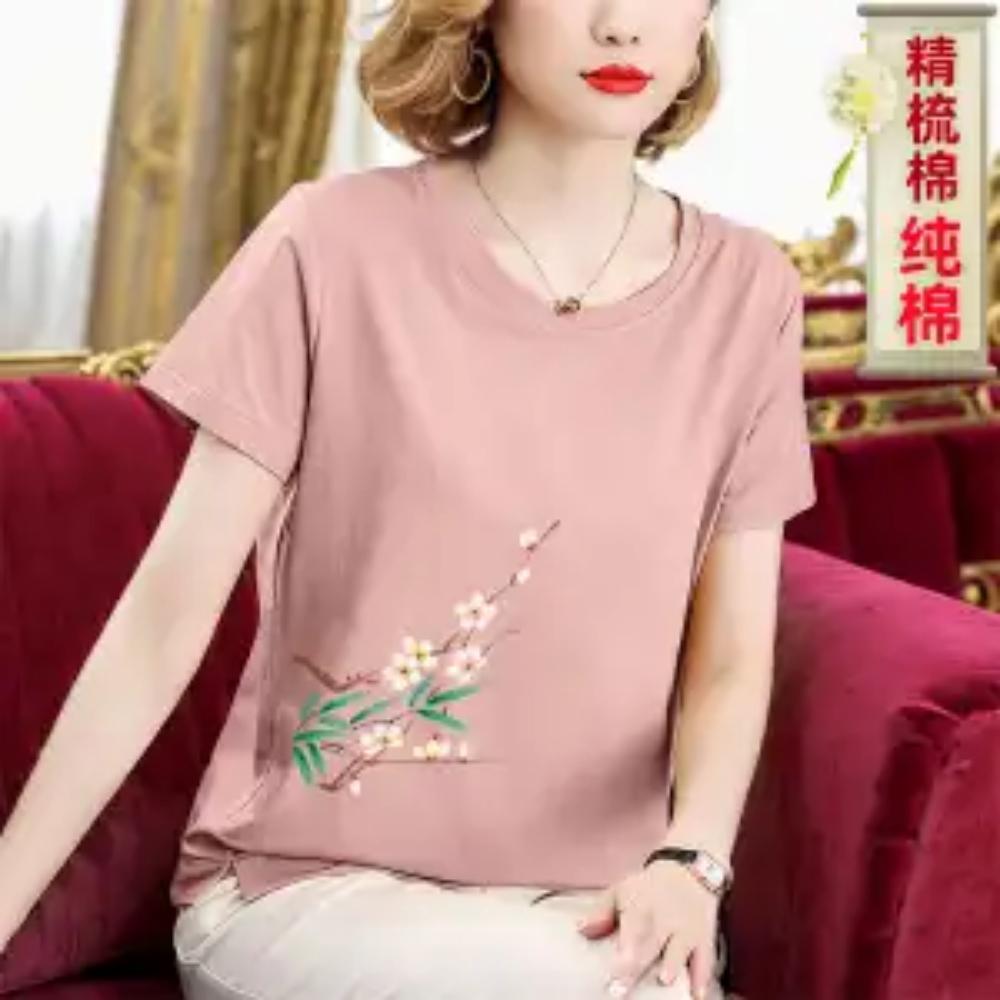 Pure Cotton T-shirt Short-sleeved Women's Round Neck Summer Wear Middle-aged Top Belly-covering T-shirt