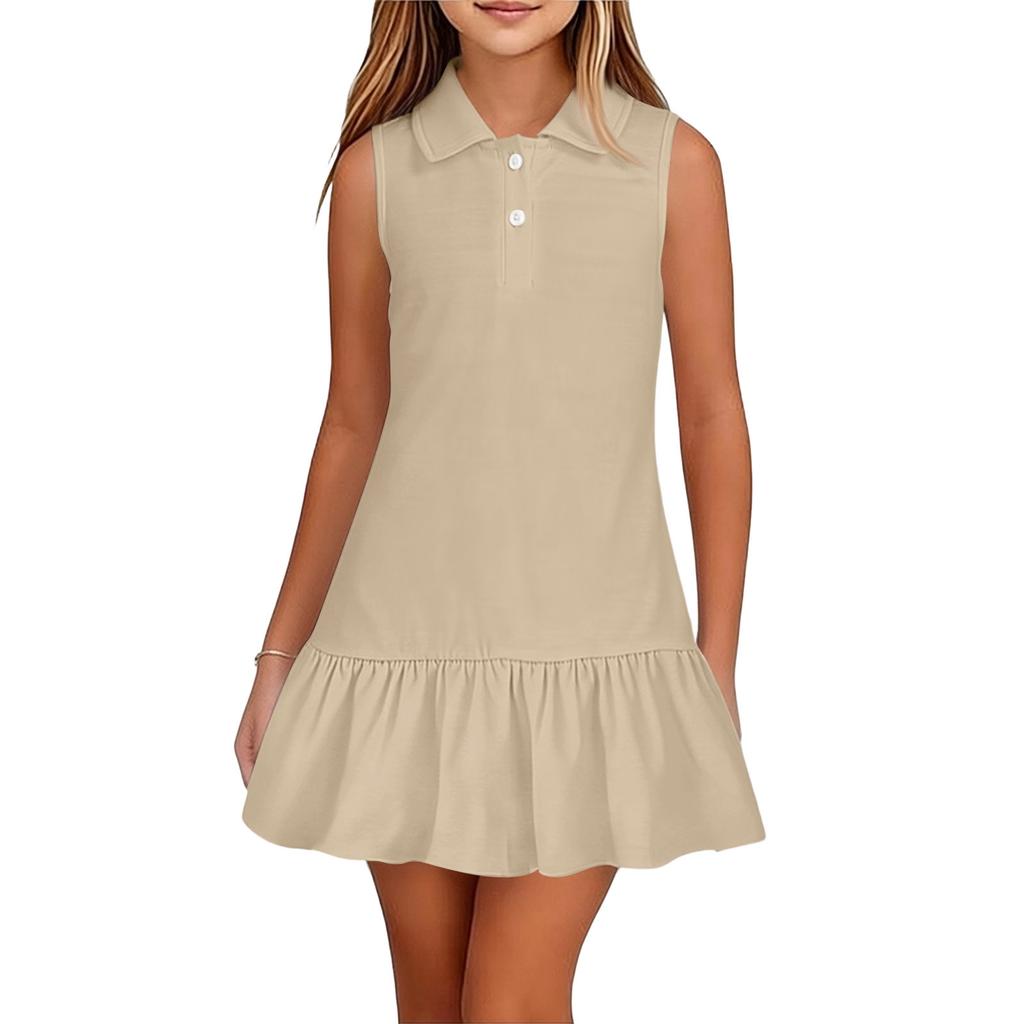 Vestito polo senza maniche per bambina, casual, da indossare tutti i giorni, con colletto e orlo a balze, vestibilità comoda, vestito estivo per bambini