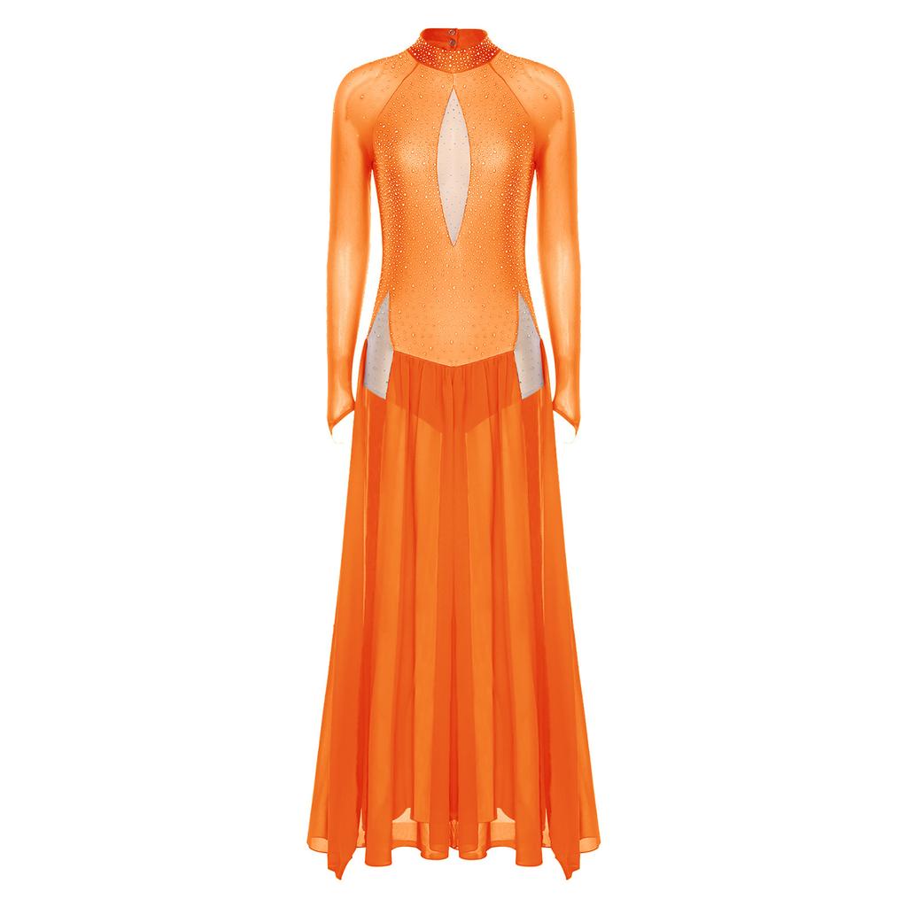 Vestido de Danza Lírica para Mujer con Pedrería Brillante, Manga Larga, Diseño sin Espalda, Chifón, Bajo con Abertura, Leotardo de Una Pieza