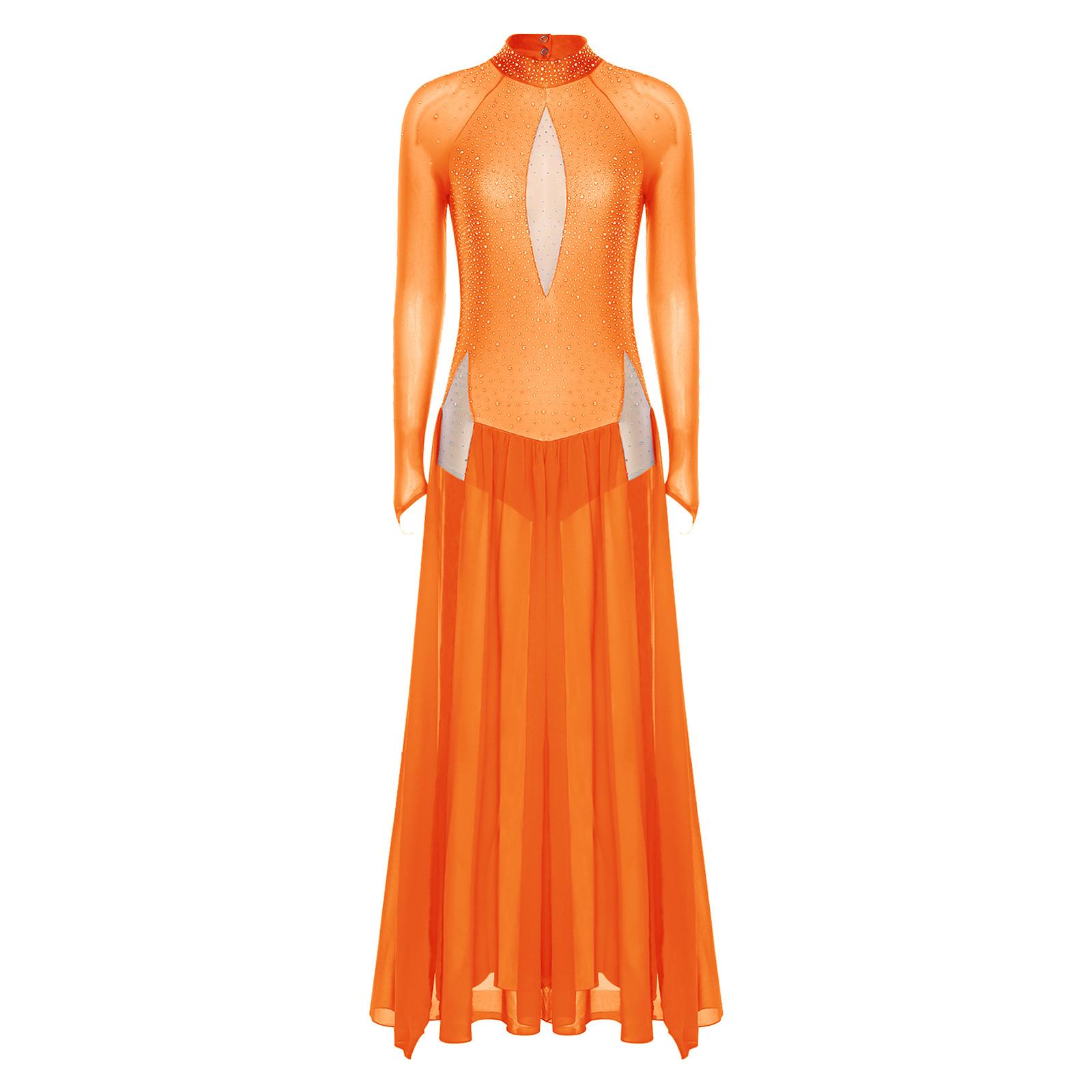 

Жіноча блискуча сукня для ліричного танцю зі стразами, з довгим рукавом, з відкритою спиною, шифонова, з розрізом по подолу, цілісний купальник-сукня M