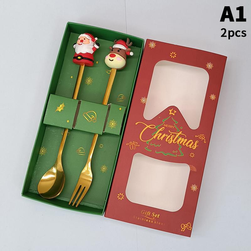 1/2/4/6 Stück Edelstahl Löffel Weihnachts Dessertlöffel Kuchengabel Cartoon Weihnachtsbaum Elch Löffel Gabel Weihnachtsgeschenkbox