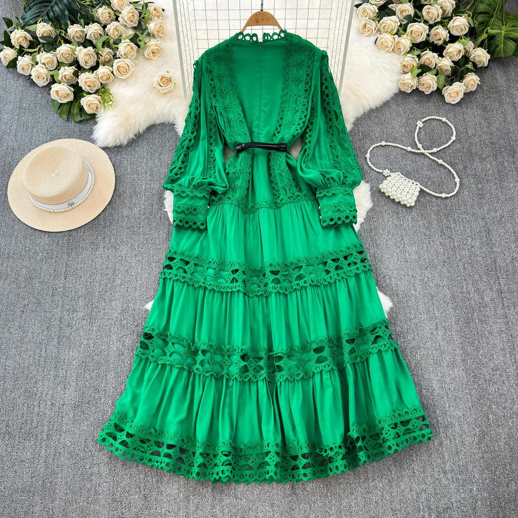 Elegant Crochet Lace Dresses for Women Hollow Out O Neck Lantern Sleeve A Line Belted Vestidos Court Style Dress Dropship